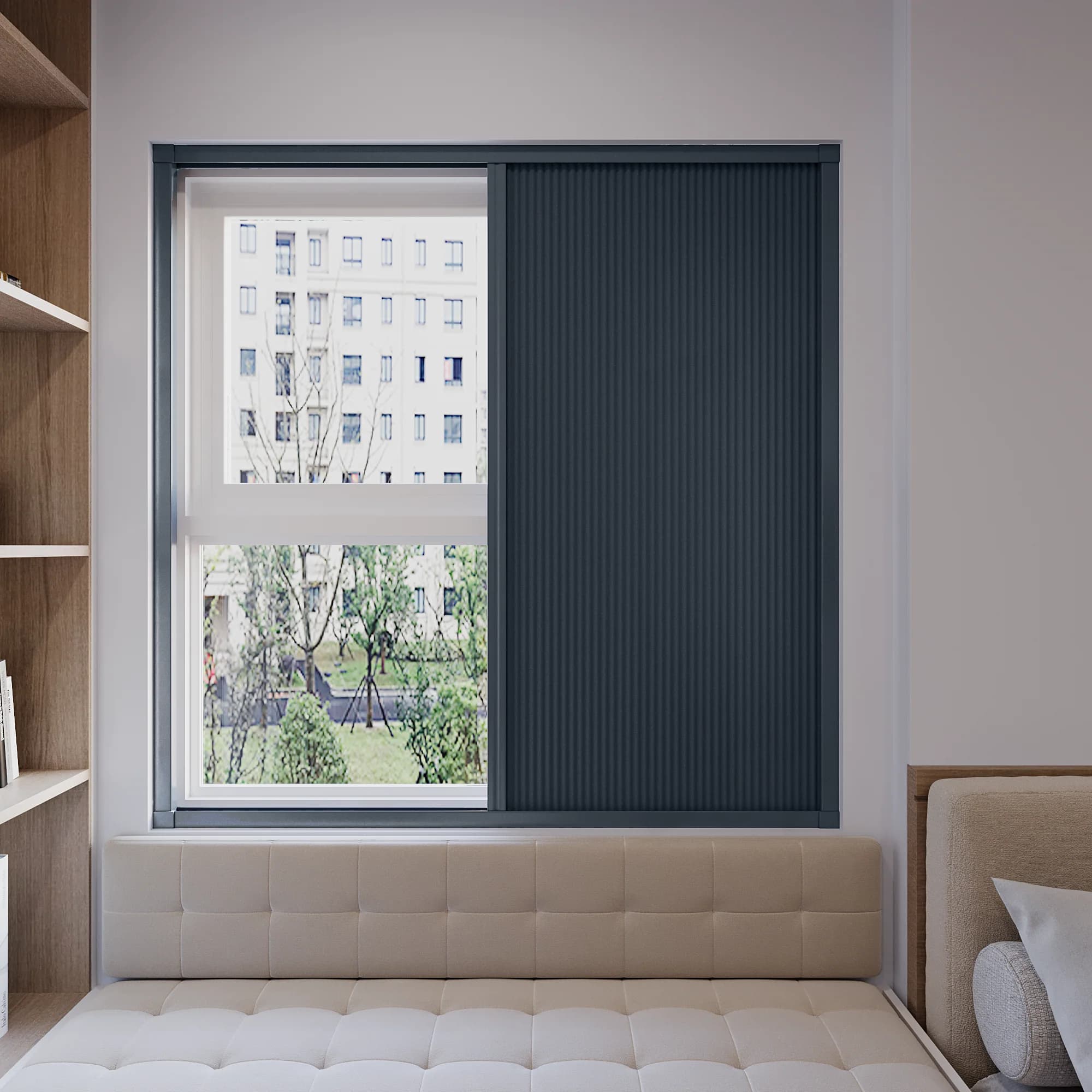 Blackout blind over a bedroom window